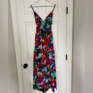 Colorful Abstract Floral Maxi Dress Vibrant Blue Green Pink Spring Summer S/M